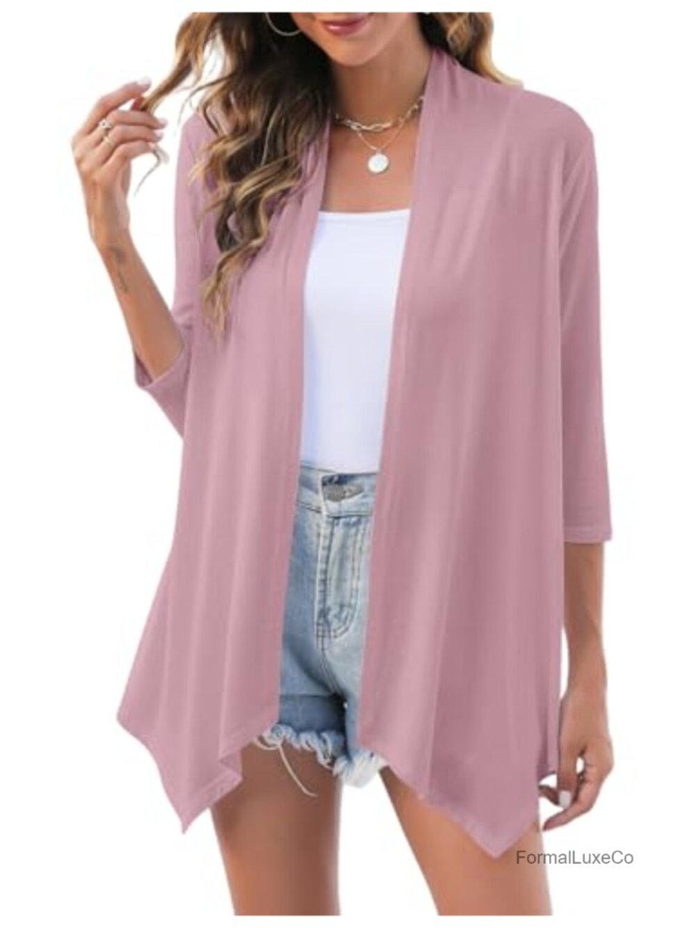 Women's 3/4 Sleeve Open Front Lightweight Draped Cardigan Sweater